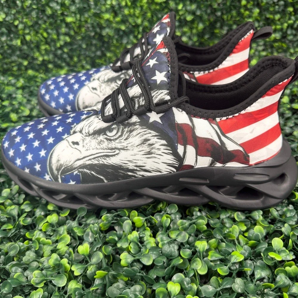 Mens Patriotic American Flag Bald Eagle Sneakers Red White Blue Shoes Size 10.5
